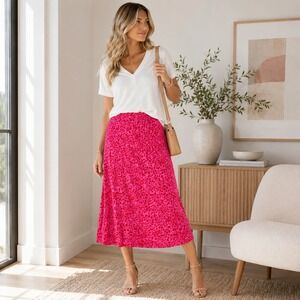 LOFT Womens Pink Red Heart Print Rayon Midi Skirt Elastic Waist Size Large